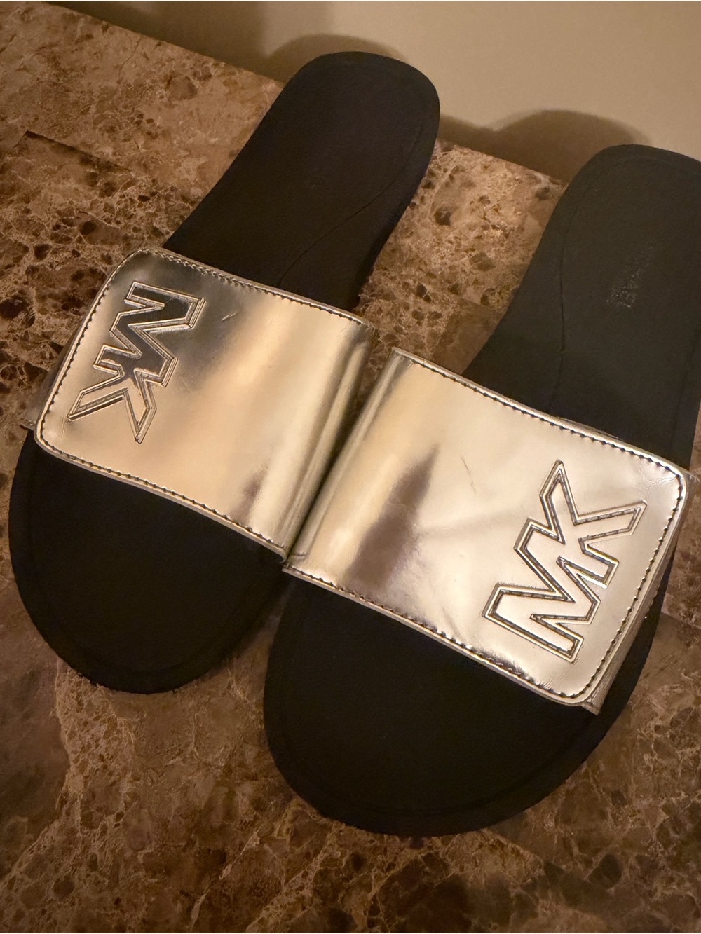 Michael Kors Women’s Metallic Silver Slides Velcro closure! - Picture 3 of 6